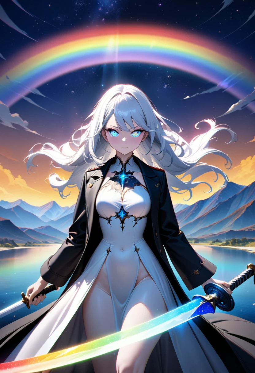 anime-style, beautiful girl, long flowing white hair, military-style black coat, white dress, holding glowing swords, dual swords, glowing light, determined expression, focused gaze, wind-blown hair, dramatic landscape, starry night sky, vibrant rainbows, arcing rainbows, majestic mountains, vast body of water, mystical atmosphere, powerful aura, celestial backdrop, soft light on face, detailed facial features, luminous eyes, artistic depth, emotional resonanc, (masterpiece, Highest quality, Very detailed, Ultra-high resolution:1.2, 16K, High Contrast), SuperQuality