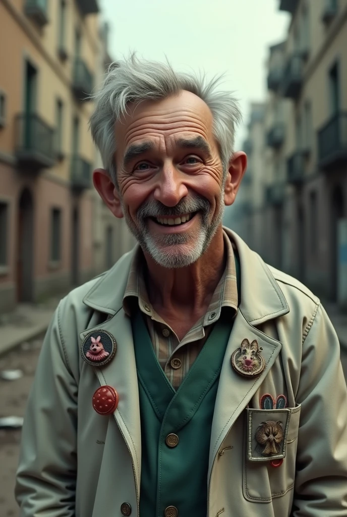 En photo réaliste Dans une France post apocalyptique un médecin de 60 ans un visage un peu idiot, un eu d'embonpoint, sourire visage jovial, avec des badges d'animaux