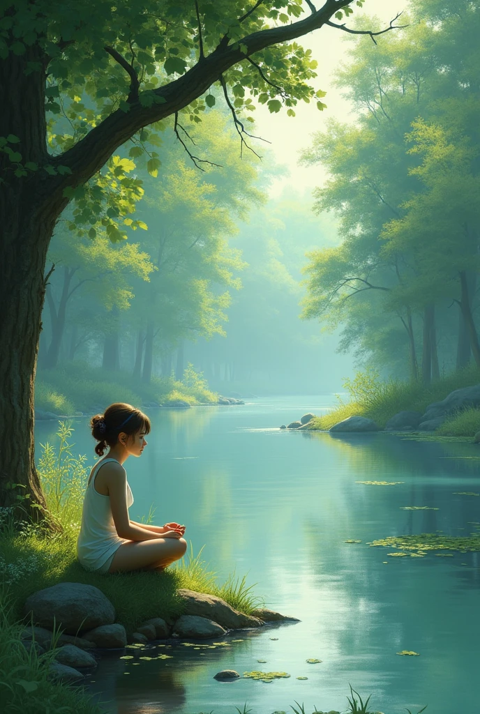 Create an image of a girl who is sitting near the river
