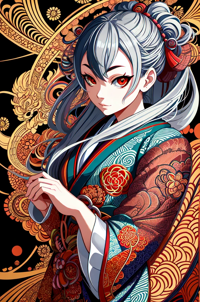 Japanese Yokai, Tengu, Official Art, unity 8k wallpaper, Super detailed, beautifully、aesthetic, masterpiece, Highest quality, (zenTangle, Mandala, Tangle, enTangle), (Fractal Art:1.3) , One girl, Very detailed, Dynamic Angle, Cowboy Shot, The most beautiful form of chaos, elegant, Brutalist design, Vibrant colors, Romanticism, James Jean, Robbie Dowie Anton, Ross Tran, Francis Bacon, It was freezing cold, Adrian's genius, Petra Cortright, Gerhard Richter, takato yamamoto, Ashley Wood, Atmospheric, Ecstasy of Musical Notes, I can see the flowing notes