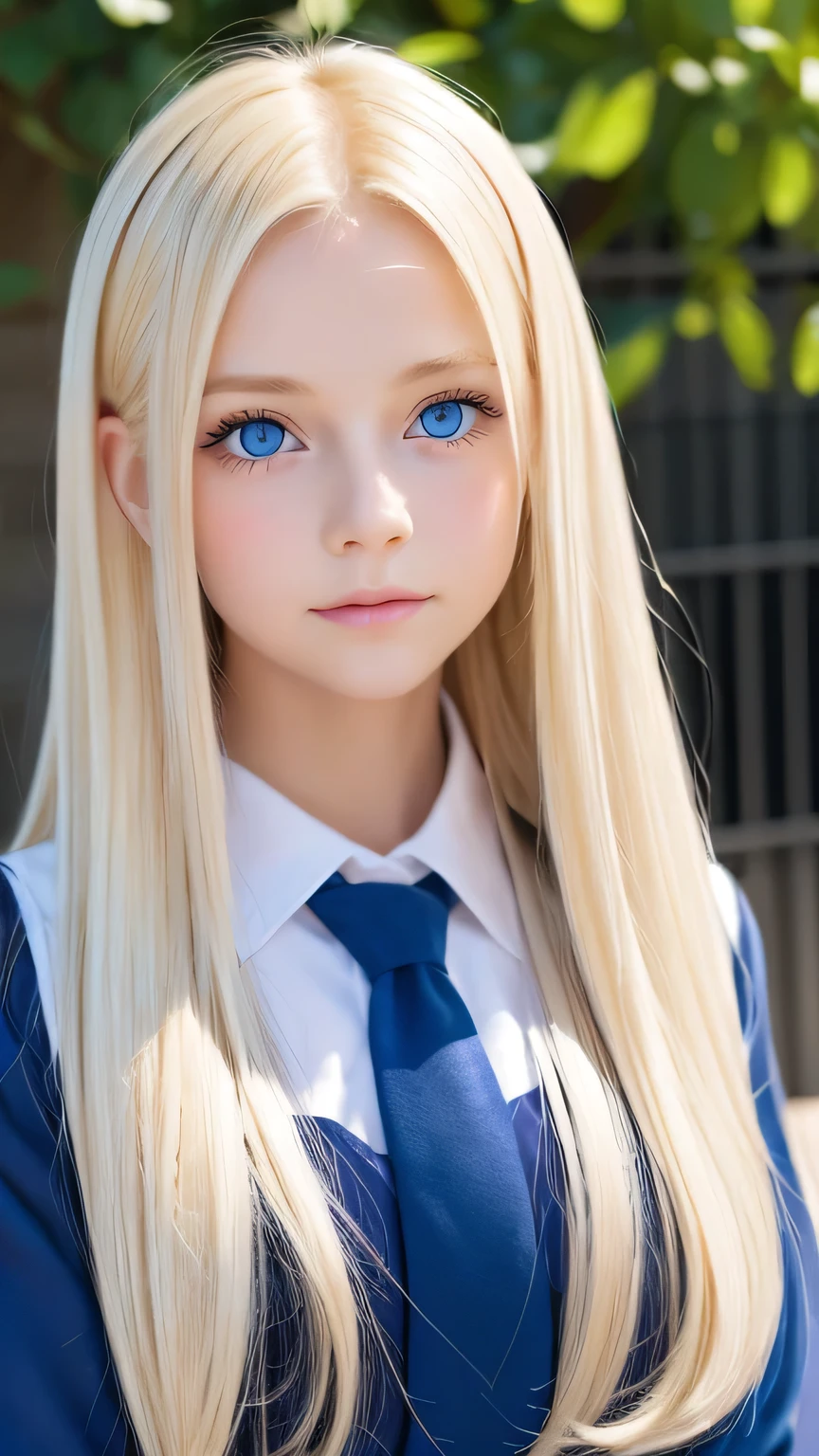 A beautiful girl with gorgeous blonde hair and bright blue eyes、1 Nordic beauty、Shiny, super long, straight, silky hair、Beautiful natural platinum blonde、Very bright, big ice blue eyes that shine beautifully、Double eyelids、Big eyes、Small Face Beauty、round face、Extremely white and bright skin、Cheek Cross Highlight、Ample breasts、School uniforms