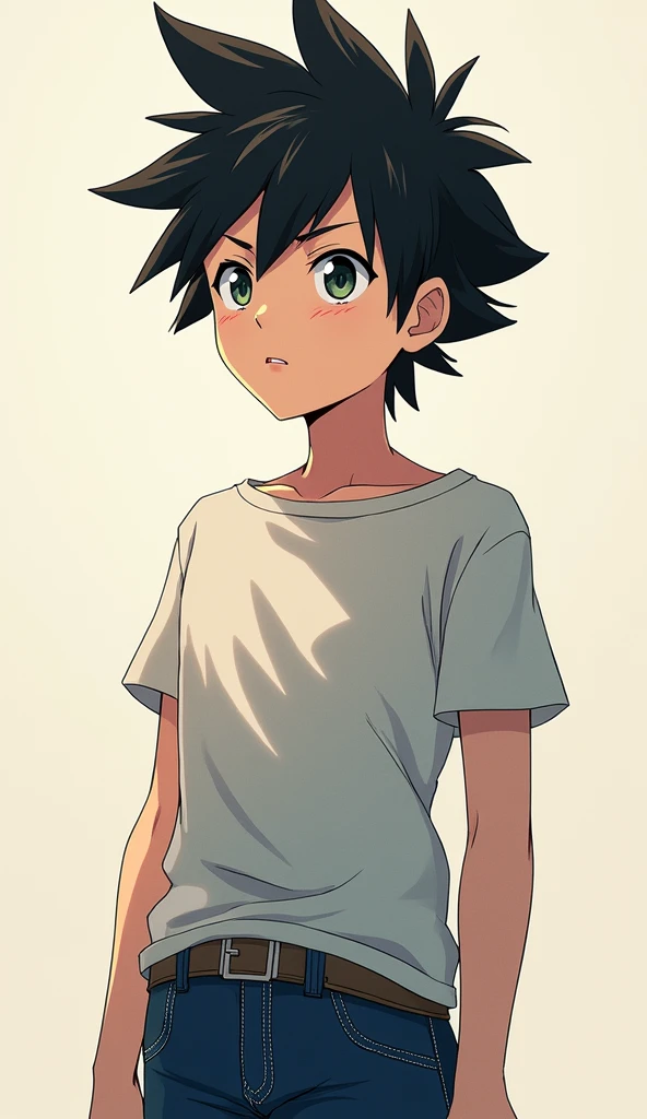 Sanraku is a young gamer, anime protagonist "Shangri-la Frontier." He has a distinctive appearance with spiky black hair., that fall lightly on your forehead. His eyes are intense and determined, reflecting your passion for games. He wears casual clothes, usually a simple t-shirt and jeans, conveying an unpretentious and comfortable image. Your physique is thin, but he is agile and well-coordinated, characteristics that stand out when he is immersed in his games. His expression often reveals enthusiasm and a slight arrogance., especially when faced with a difficult challenge, showing his competitive and confident nature.