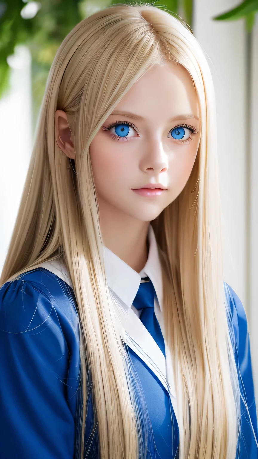 A beautiful girl with gorgeous blonde hair and bright blue eyes、1 Nordic beauty、Shiny, super long, straight, silky hair、Beautiful natural platinum blonde、Very bright, big ice blue eyes that shine beautifully、Double eyelids、Big eyes、Small Face Beauty、round face、Extremely white and bright skin、Cheek Cross Highlight、Ample breasts、School uniforms