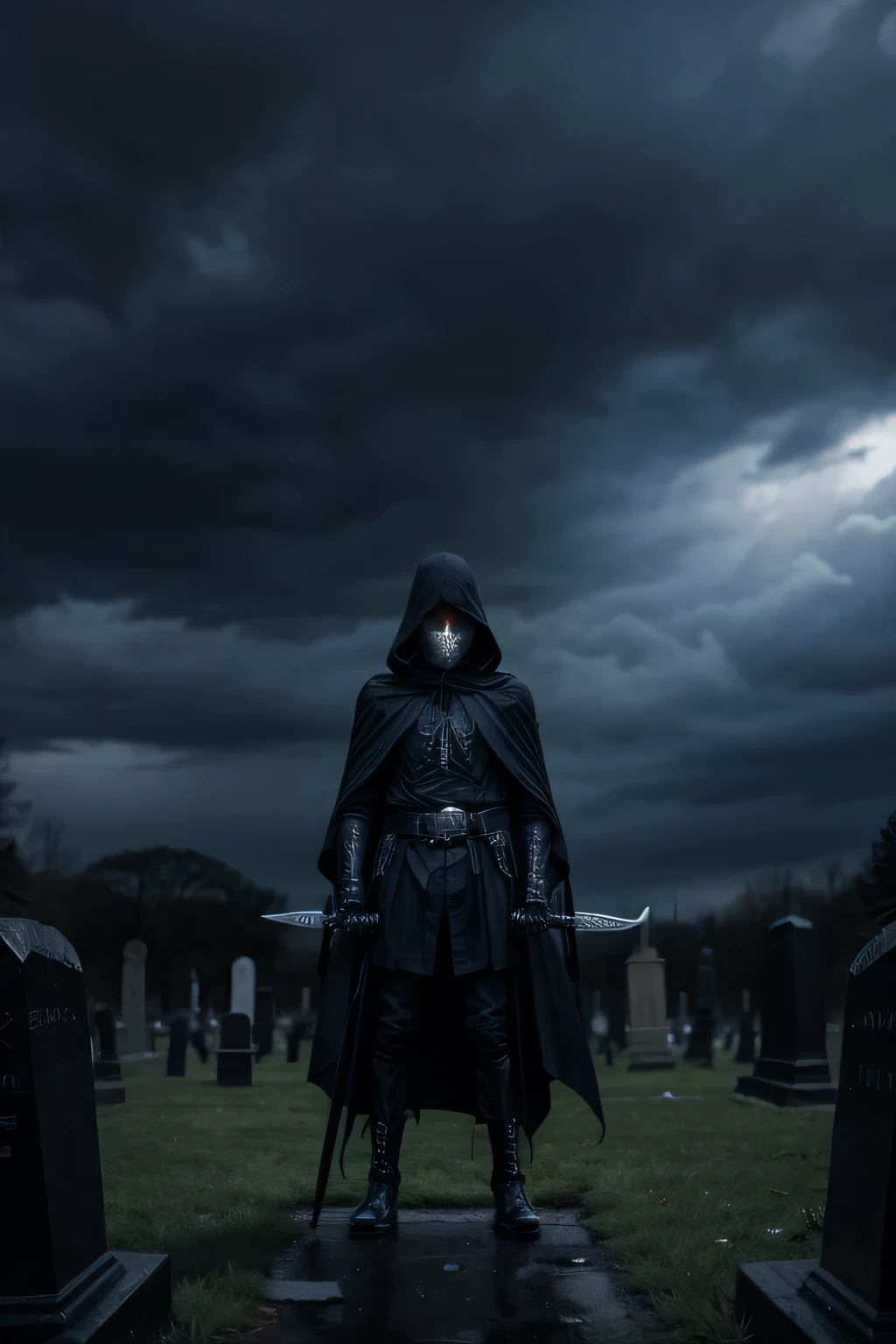 Demonic skeleton with a detailed black cloak holding a black sword in front of him and with a background of dark clouds in a gloomy cemetery. Everything with a lot of contrast