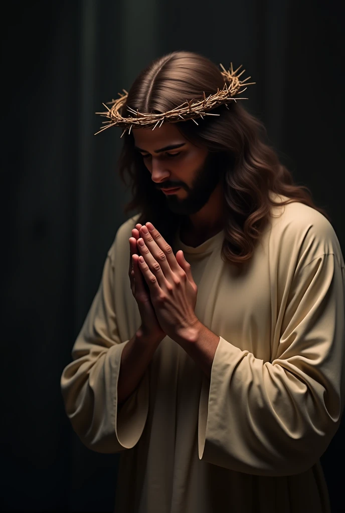 A solemn image of Jesus Christ wearing a crown of thorns, praying with a deeply contemplative and peaceful expression. His hands are clasped together in prayer, and his eyes are slightly closed as he looks downward. The background is dark and moody, with soft light highlighting Jesus' face and upper body, emphasizing the emotion and intensity of the moment. The image should convey a sense of spiritual depth and reverence.