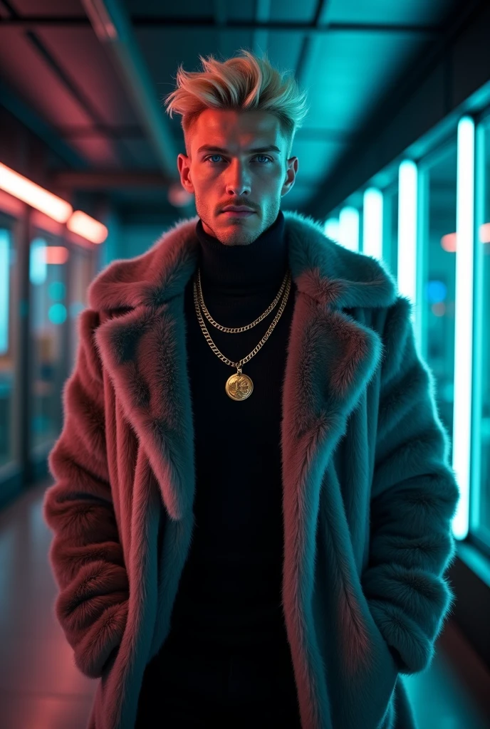 "Photo of a 2 man with blonde hair, a mid-fade, and light blue eyes. He is wearing a black turtleneck and a large fur coat, accessorized with a gold necklace. The neon light softly illuminates his face and highlights the contrast between the fur coat and the black top, creating a casual yet stylish image that is ideal for Instagram.The image captures his striking presence, with his sleek, modern clothes contrasting against the dark background. The high-quality photography exudes a sense of power and style,he stands amidst the laboratory setting