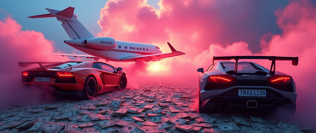 Create a banner having heading " 5000$ IN 7 SEP " Background huge amount of money , luxury cars, luxury jet flying. And RGB smokes .