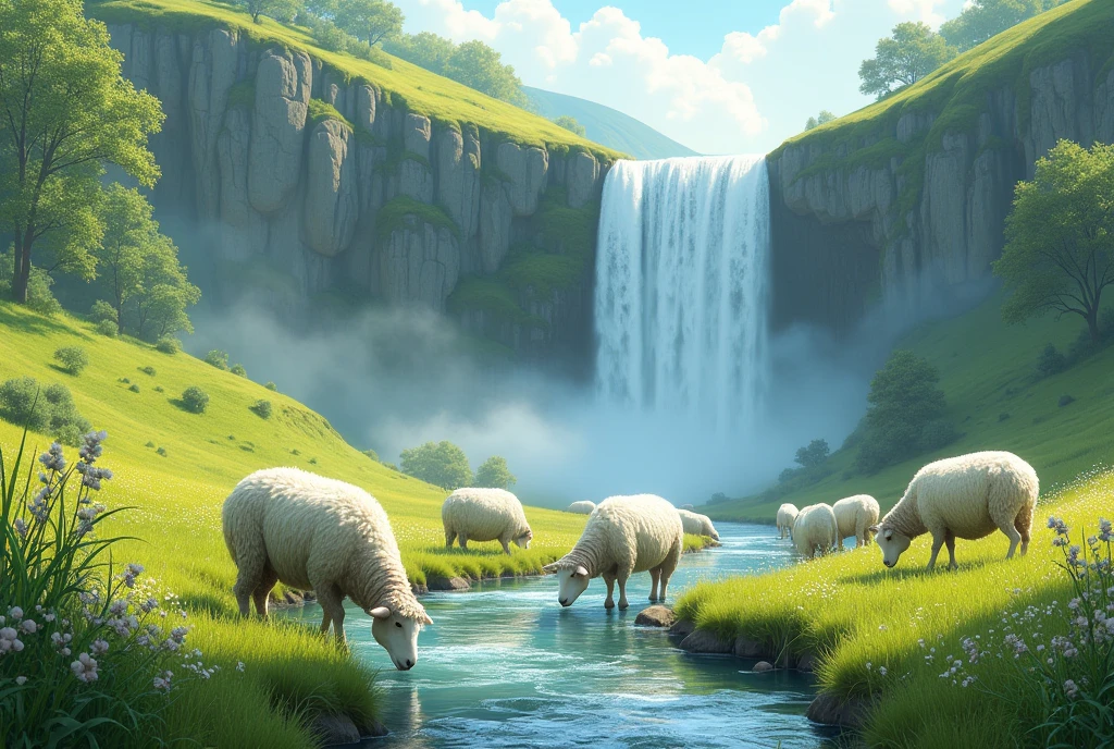 waterfall background with stream and grass with sheep drinking water
