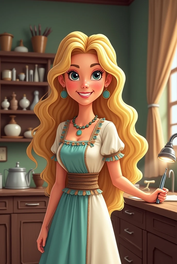 Cartoon woman dentist ancient time long blonde hair
