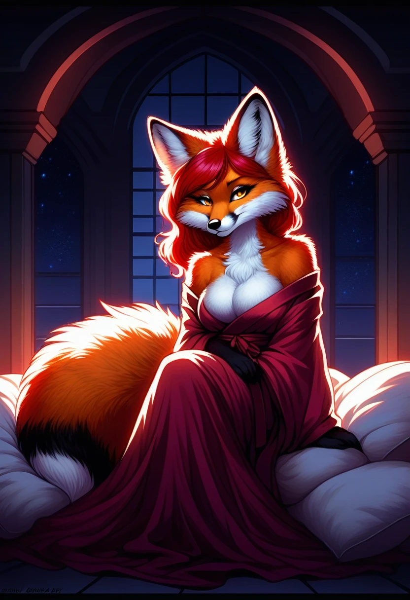 red fox, female, vixen, vibrant colors, gorgeous, majestic, beautiful, hair, scarlet hair, red hair, yellow eyes, smile, gazing at viewer with side eye, full body, night, moody, elegant, mysterious, highres, perfect artwork, absurdres, rzminjourney, vector-art, sitting, wearing a sexy and elegant magical yukata, sexy thigh highs, wearing thigh highs, sexy body, voluptuous, waifu, pillow