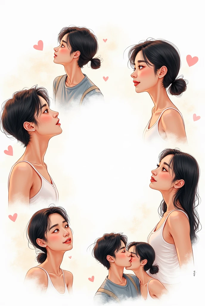 Create a picture that looks like it came from a comic in the middle is white and around it various drawings of a young woman with her boyfriend they are Asian