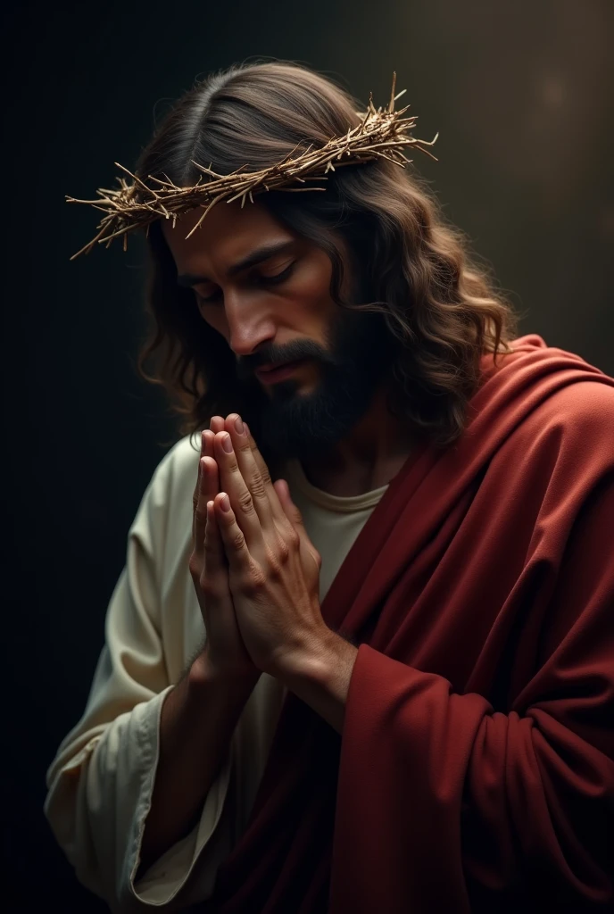 A solemn image of Jesus Christ wearing a crown of thorns, praying with a deeply contemplative and peaceful expression. His hands are clasped together in prayer, and his eyes are slightly closed as he looks downward. The background is dark and moody, with soft light highlighting Jesus' face and upper body, emphasizing the emotion and intensity of the moment. The image should convey a sense of spiritual depth and reverence.