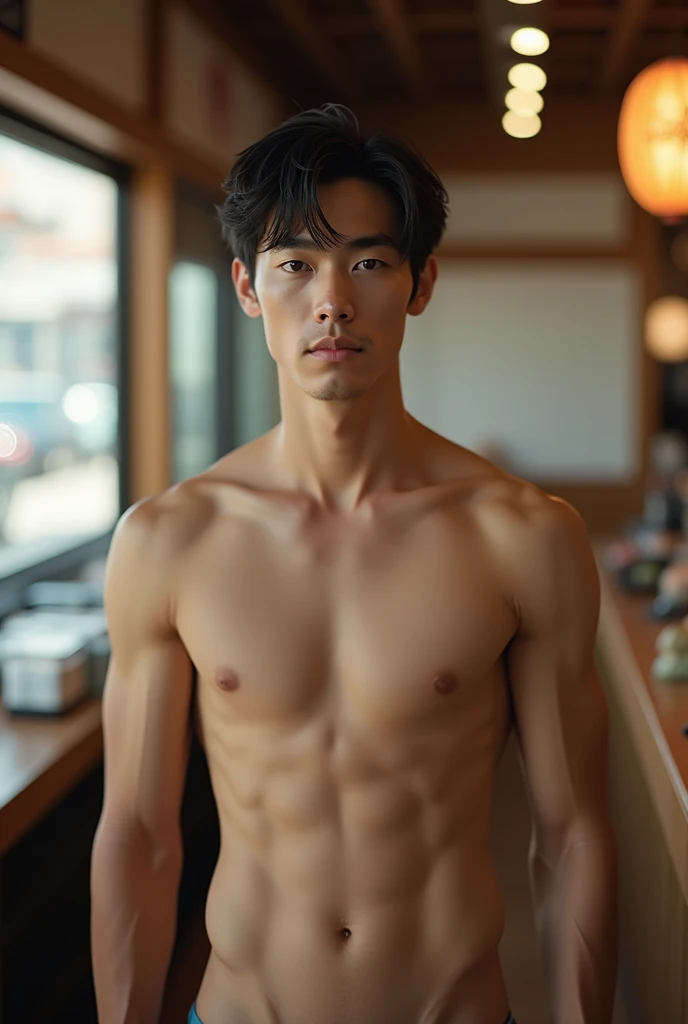 Real photo style、Realistic、Cute handsome man、Idol face、、Japanese、Slim body、Mash Hair、Completely naked、Full nudity、Inside a conveyor belt sushi restaurant