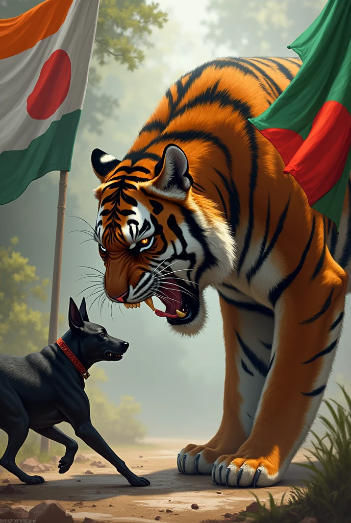 Angry Tiger  and Bangladesh flag India will be written on the dog and Bangladesh will be written on the tiger and the dog will be fearfu