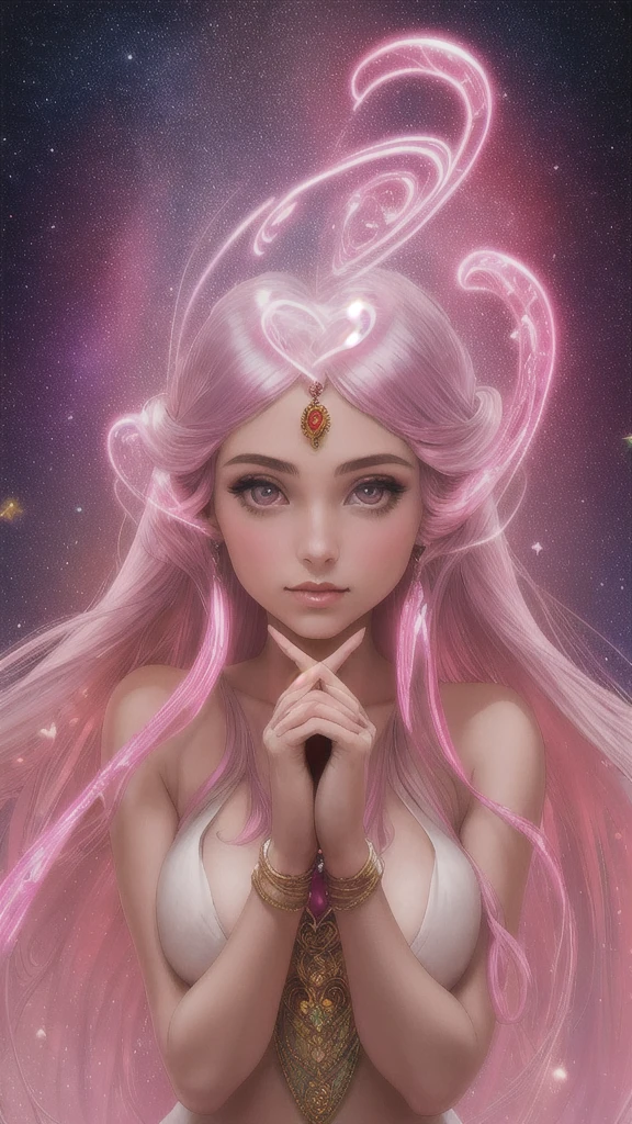 The girl holds a heart-shaped stone in front of her face with both hands., space, performer, Surreal, wonderful, Lots of details, high quality,Style-NebMagic,beautiful　high resolution　Sparkling　love affair　goddess　Long Hair　Fantasy　wonder　universe　pink
