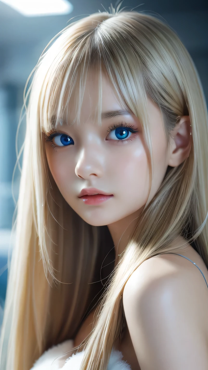 Highest quality、8K masterpiece、Ultra-high resolution、(Realistic:1.3)、RAW Photos、 A beautiful Scandinavian girl with mysteriously shining blonde hair、Silvery blonde hair、Super long straight hair、Bangs between the eyes、Bangs that cover the eyes、One side of the bangs that cover the eyes、Bangs between the eyes、Incredibly white, Glowing Skin、1. Cyberpunk Super Beautiful Soldier、((Ultra-Realistic Details))、Portraiture、Global Illumination、Shadow Realm、Octane Rendering、8k、Ultra Sharp、metals、Cool colors、、Very intricate details、Realistic Light、Trends of the CG Association、So beautiful、big、Bright Blue Eyes、Very big eyes、Eyes shining at the camera、Neon Details、Small Face Beauty、Round face、Highlights of cheek luster、eyeliner、double eyelid