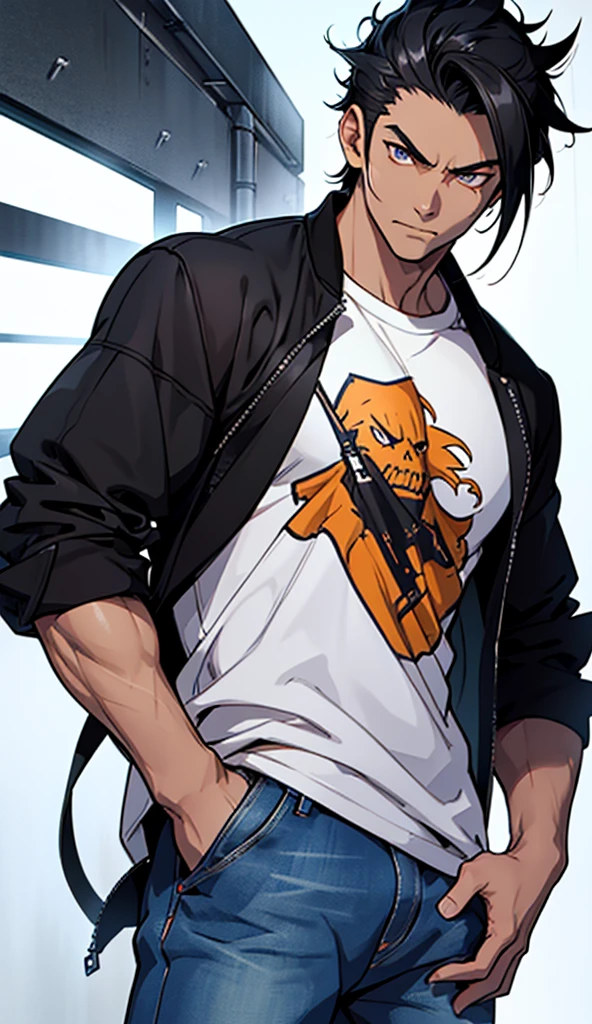 Sanraku is a young gamer, anime protagonist "Shangri-la Frontier." He has a distinctive appearance with spiky black hair., that fall lightly on your forehead. His eyes are intense and determined, reflecting your passion for games. He wears casual clothes, usually a simple t-shirt and jeans, conveying an unpretentious and comfortable image. Your physique is thin, but he is agile and well-coordinated, characteristics that stand out when he is immersed in his games. His expression often reveals enthusiasm and a slight arrogance., especially when faced with a difficult challenge, showing his competitive and confident nature.