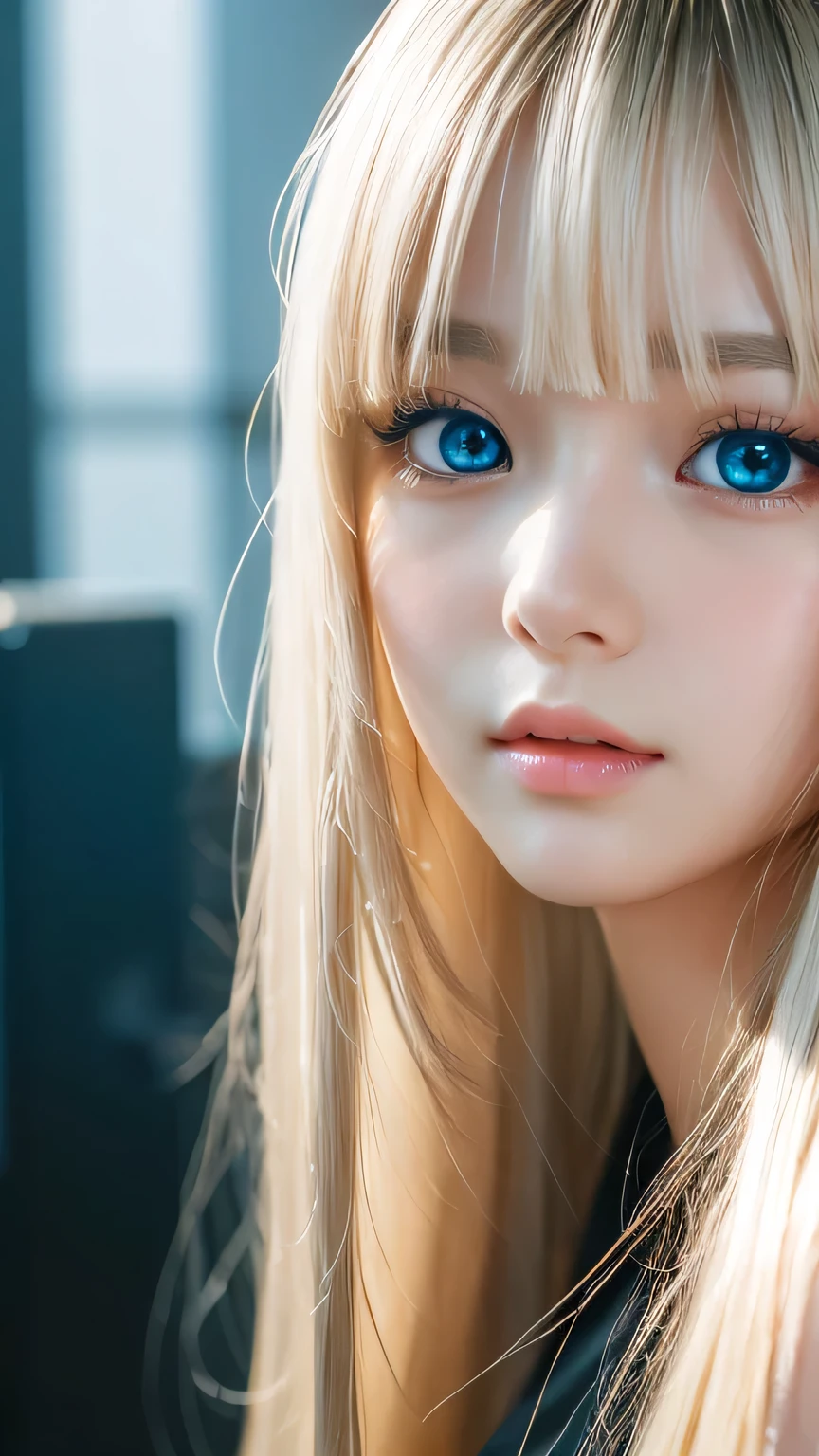 Highest quality、8K masterpiece、Ultra-high resolution、(Realistic:1.3)、RAW Photos、 A beautiful Scandinavian girl with mysteriously shining blonde hair、Silvery blonde hair、Super long straight hair、Bangs between the eyes、Bangs that cover the eyes、One side of the bangs that cover the eyes、Bangs between the eyes、Incredibly white, Glowing Skin、1. Cyberpunk Super Beautiful Soldier、((Ultra-Realistic Details))、Portraiture、Global Illumination、Shadow Realm、Octane Rendering、8k、Ultra Sharp、metals、Cool colors、、Very intricate details、Realistic Light、Trends of the CG Association、So beautiful、big、Bright Blue Eyes、Very big eyes、Eyes shining at the camera、Neon Details、Small Face Beauty、Round face、Highlights of cheek luster、eyeliner、double eyelid