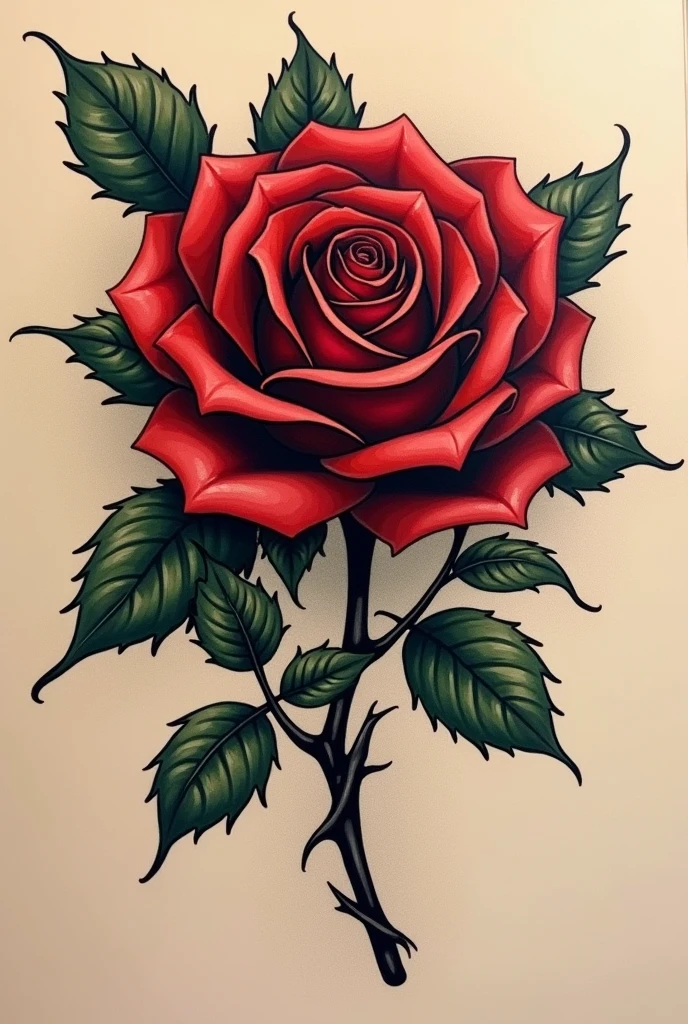 Create a small tattoo of a deep red rose. It has dark green leaves and black thorns. It should have an H creatively placed somewhere within the rose. It should be realistic and placed along the ear.