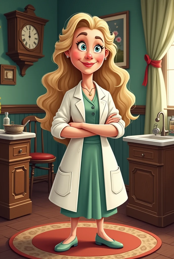 Cartoon woman dentist old time long blonde hair