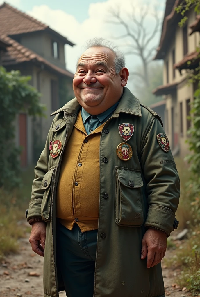 En photo réaliste Dans une France post apocalyptique un médecin de 60 ans un visage un peu idiot, un peu d'embonpoint, sourire visage jovial, avec des badges d'animaux 