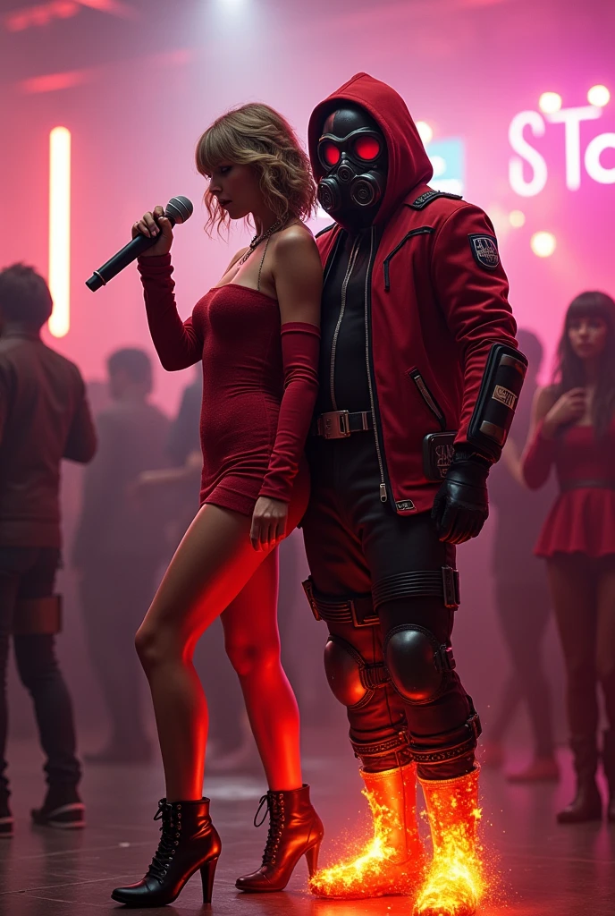 Taylor Swift, realistic, big breasts, full body, microphone & Youg Star-lord with red hoodie, headphones, Star-lord helmet, rocket boots, gas helmet, covered mouth, round red eyes, front cover, Dj, fire in boots, party, red eyes.