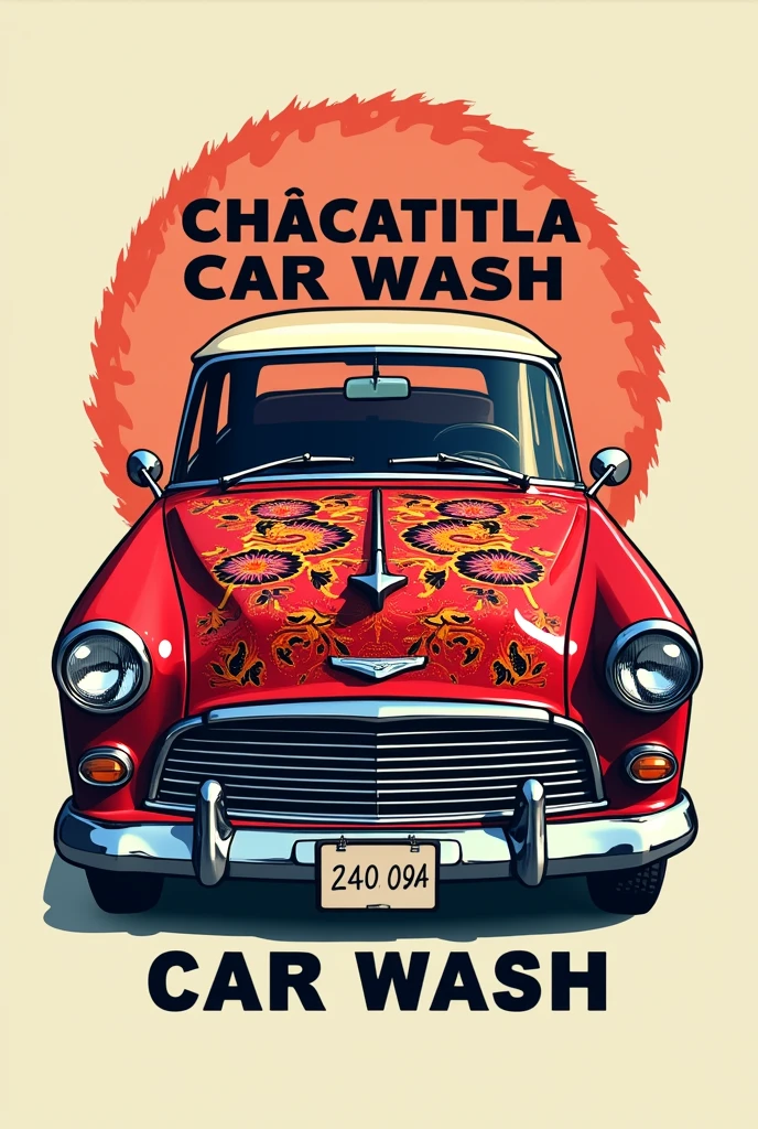 Make me a logo that says CHACATITLA car wash with a red hood that has the tenek embroidery pattern