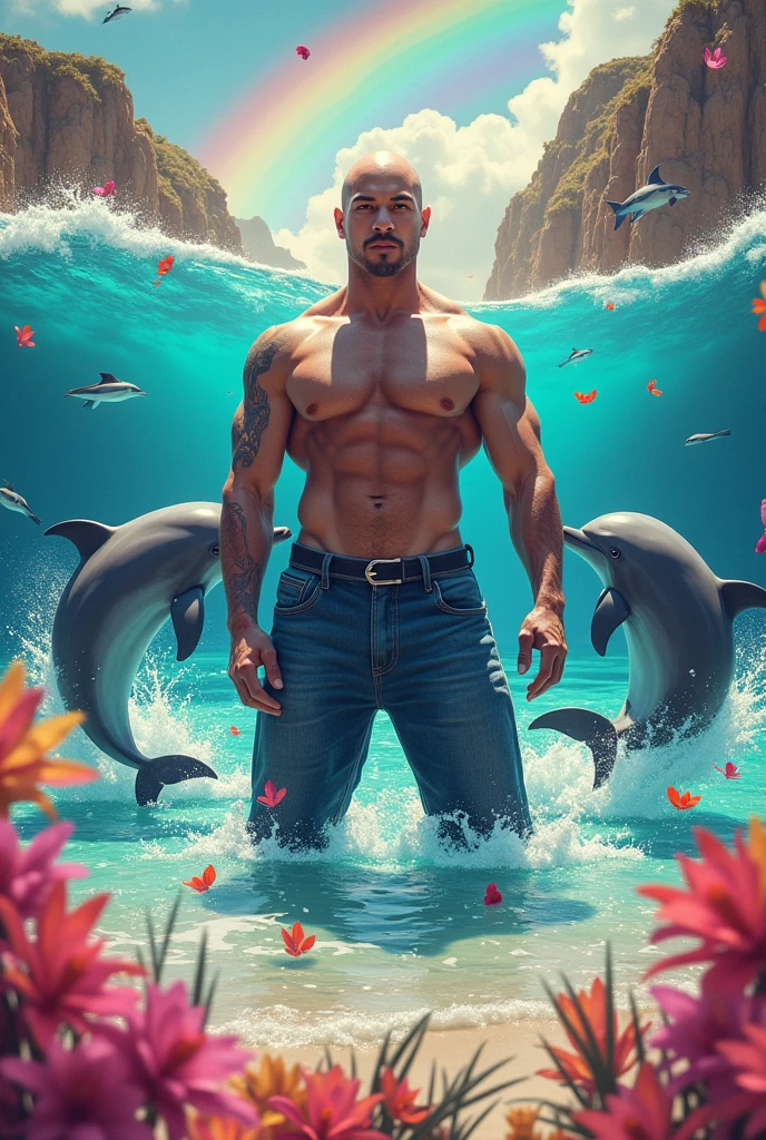 Maluma pelon with dolphins in a rainbow landscape. Make it look like it&#39;s really Maluma 