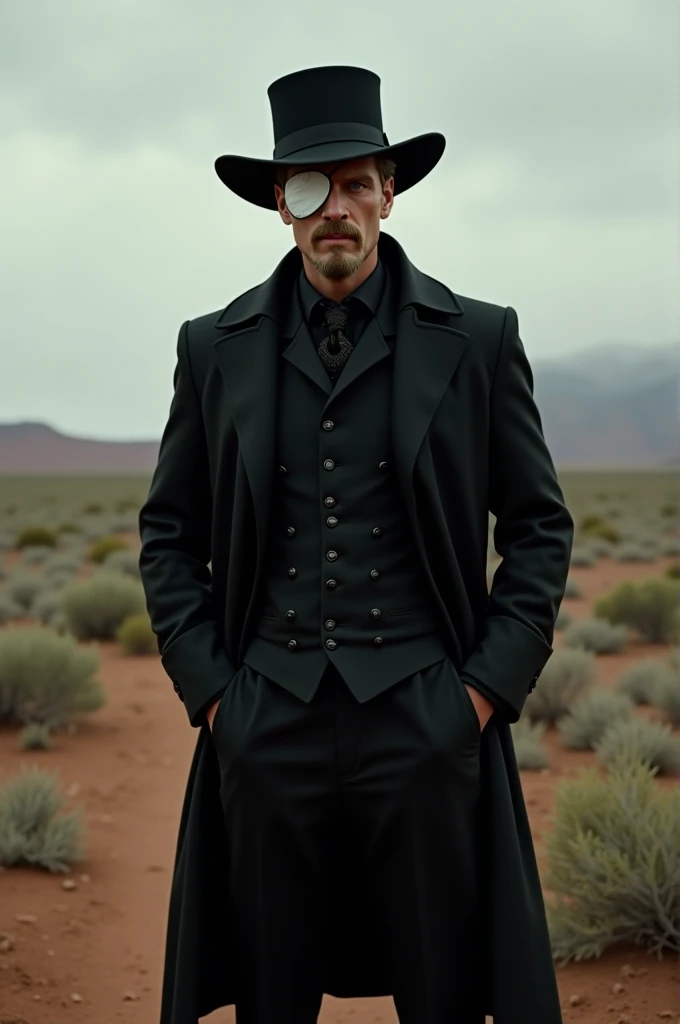 A guy wearing all black 1900s clothing wearing a black hat and a white left eye patch, with a blond mustache and goatee who lives in Texas