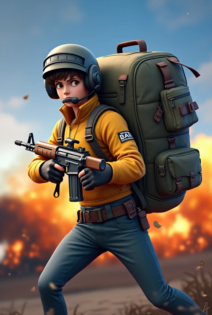 A PUBG character with a rifle in his hand carrying a large backpack, since this backpack looks a lot like another player being carried on the back. The image is from the mobile version (more childish)