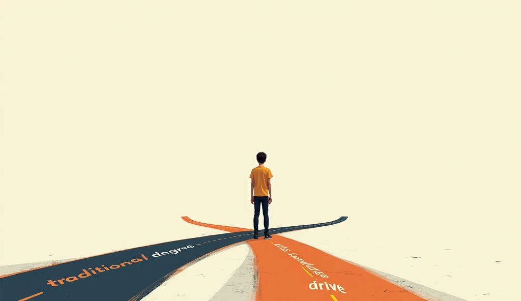 "Rethinking success and education"
A young person standing at a crossroads: one path labeled “Traditional Degree” and the other labeled “Skills, Knowledge, Drive.” The figure confidently walks toward the path of skills and innovation, rethinking what success looks like.