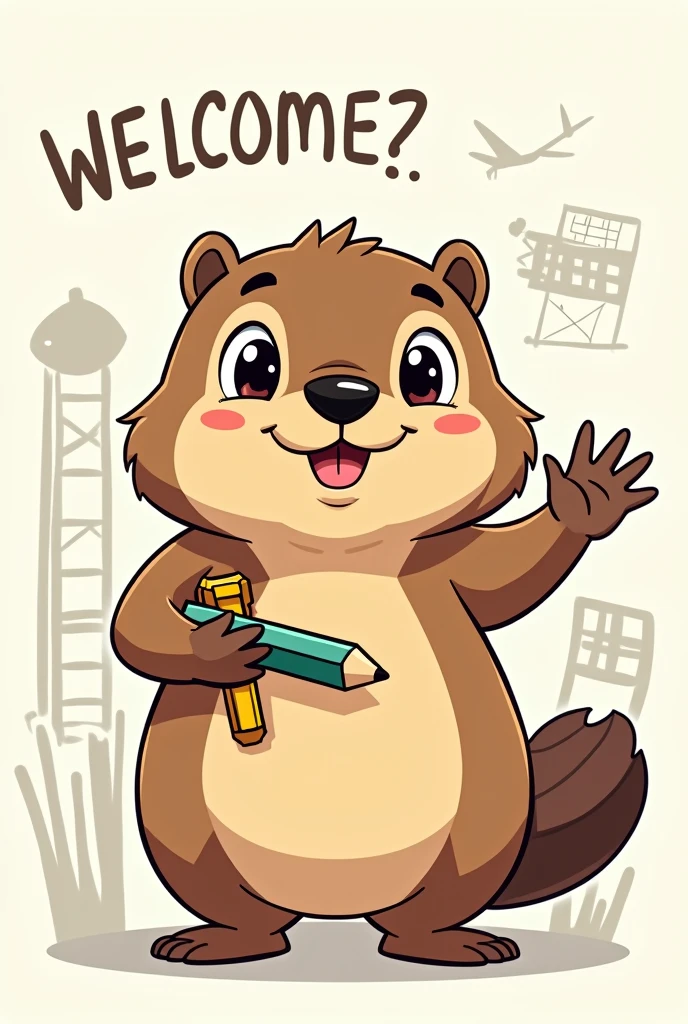 A young architect beaver with architectural drawing instruments waving with a statement saying "welcome!!" in Spanish (anime style)