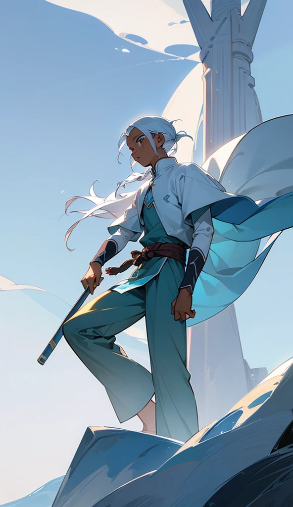 A boy character from the water tribe in the animation the legend of aang, darkskin, White hair, winter clothing, whole body