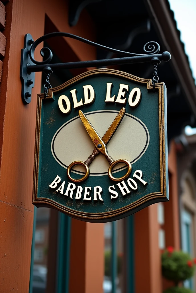 Art for the sign for the facade of a barber shop called, Old Leo barber shop, from se 2020, the logo is a golden scissors