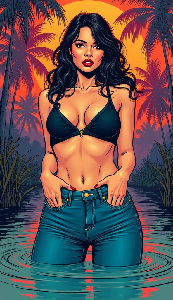 masterpiece, ultra-detailed, line art,70s comics aestetics,vintage lighting, desperately touches her crotch upzipped jeans,sexual tension,sinking in bog,colorful retro atmosphere,ambiance,old diva