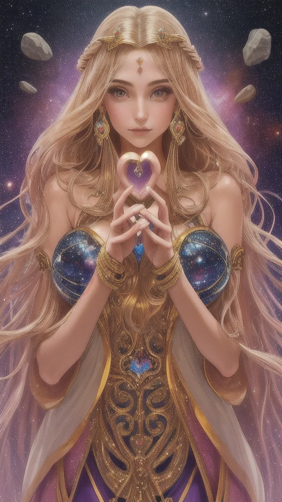 The girl holds a heart-shaped stone in front of her face with both hands., space, performer, Surreal, wonderful, Lots of details, high quality,Style-NebMagic,beautiful　high resolution　Sparkling　love affair　goddess　Long Hair　Fantasy　wonder　universe　long hair