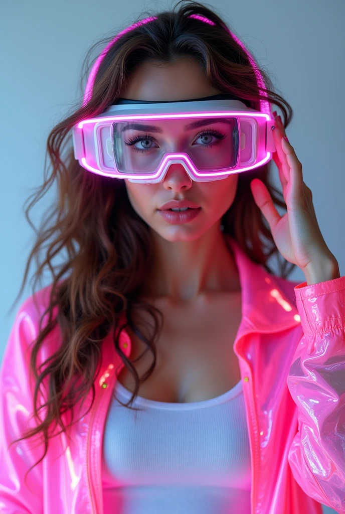 best qualityer, 8k.
Beautiful young woman, brown wavy hair.
blue eyes.
Uses a large headset with pink LED light.
She wears a white tank top and a neon pink holographic jacket..
He looks directly at the camera with a confident expression and makes gestures with his hands..