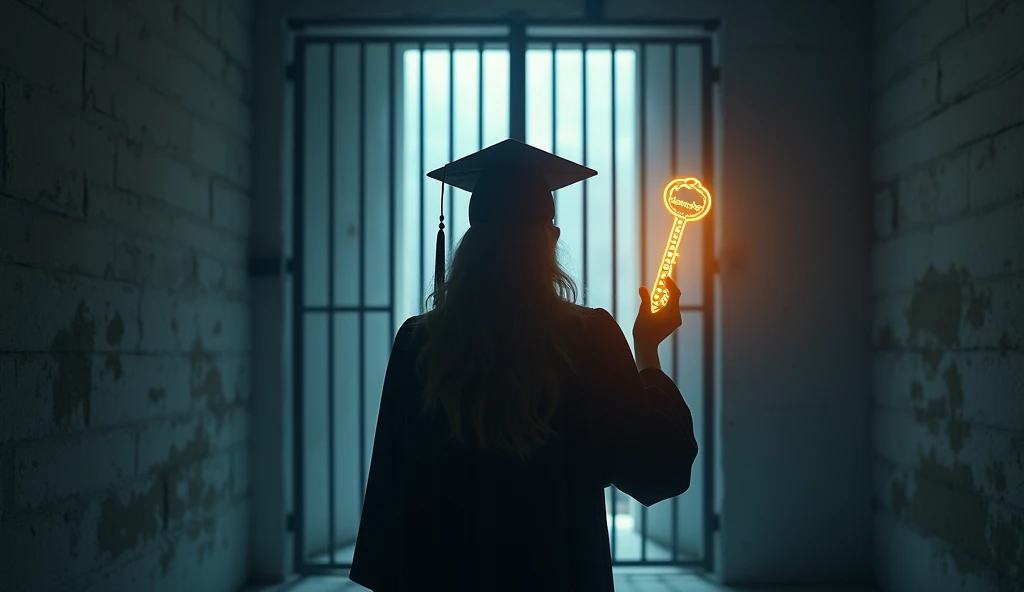 "Education should be empowering, not imprisoning"
A person in a graduation cap and gown stands in front of a barred gate that opens as they hold a glowing key labeled “Skills” and “Knowledge,” symbolizing the liberation that comes with practical education.