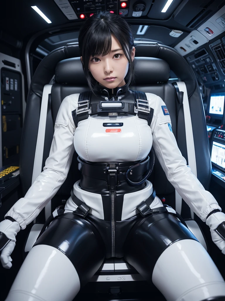 Japanese female android,Black Hair,Space station cockpit,Secured to the seat with a thick harness,Plump,Slightly thicker,Spread your legs,Squat,Shiny white robot suit,Robotic arms and legs,Cables coming out of his chest,Surrounded by switches and monitors,