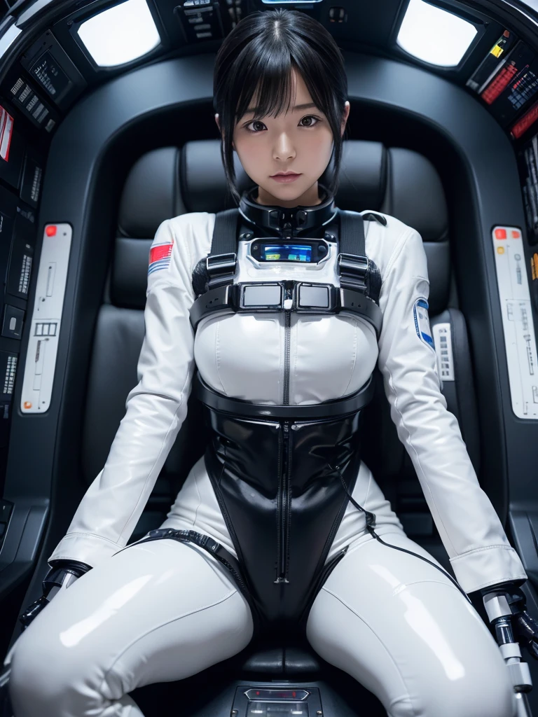 Japanese female android,Black Hair,Space station cockpit,Secured to the seat with a thick harness,Plump,Slightly thicker,Spread your legs,Squat,Shiny white robot suit,Robotic arms and legs,Cables coming out of his chest,Surrounded by switches and monitors,