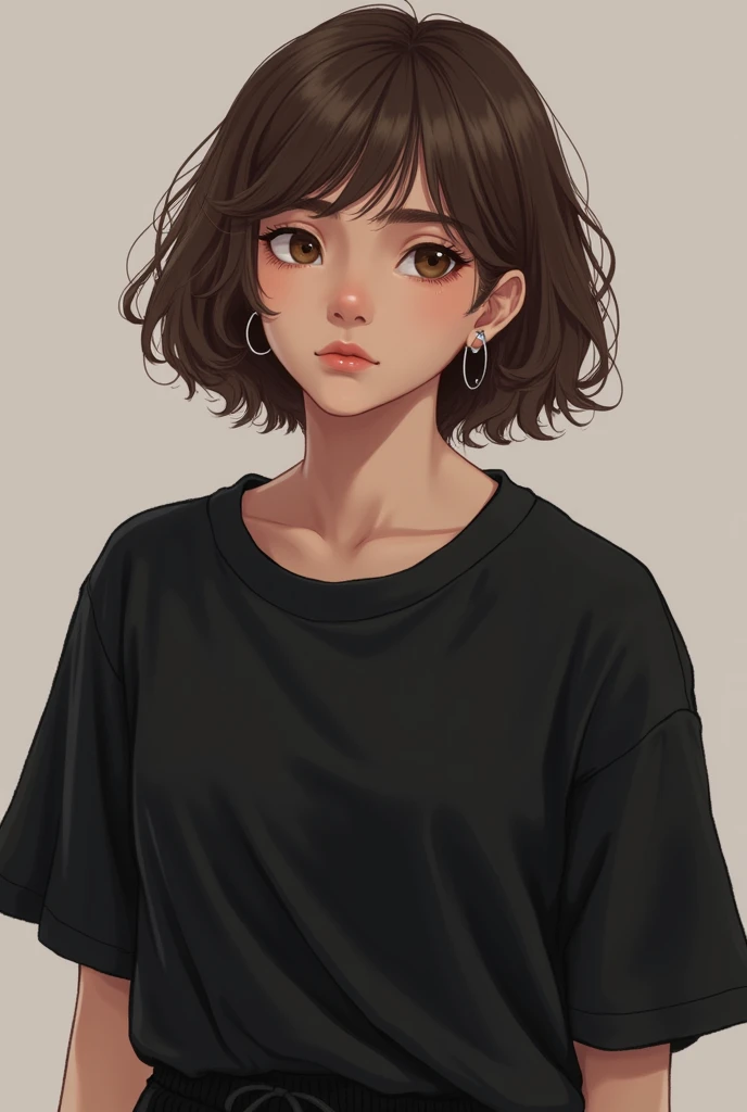 jung, with short brown wavy hair, com olhos castanhos, and mouth with gloss, Using makeup, with a black baggy shirt, and a pair of sweatpants, with a hoop earring and an eyebrow piercing