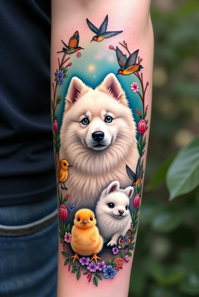 A forearm tattoo with a two-colored eyed Samoyed, Two canaries flying, Two swallows and a hummingbird and butterflies, Next to the Samoyed a chick, a white rabbit with black spots and another white mini freshpoddle dog.