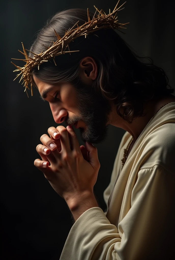 A solemn image of Jesus Christ wearing a crown of thorns, praying with a deeply contemplative and peaceful expression. His hands are clasped together in prayer, and his eyes are slightly closed as he looks downward. The background is dark and moody, with soft light highlighting Jesus' face and upper body, emphasizing the emotion and intensity of the moment. The image should convey a sense of spiritual depth and reverence.