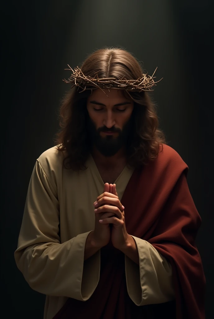 A solemn image of Jesus Christ wearing a crown of thorns, praying with a deeply contemplative and peaceful expression. His hands are clasped together in prayer, and his eyes are slightly closed as he looks downward. The background is dark and moody, with soft light highlighting Jesus' face and upper body, emphasizing the emotion and intensity of the moment. The image should convey a sense of spiritual depth and reverence.