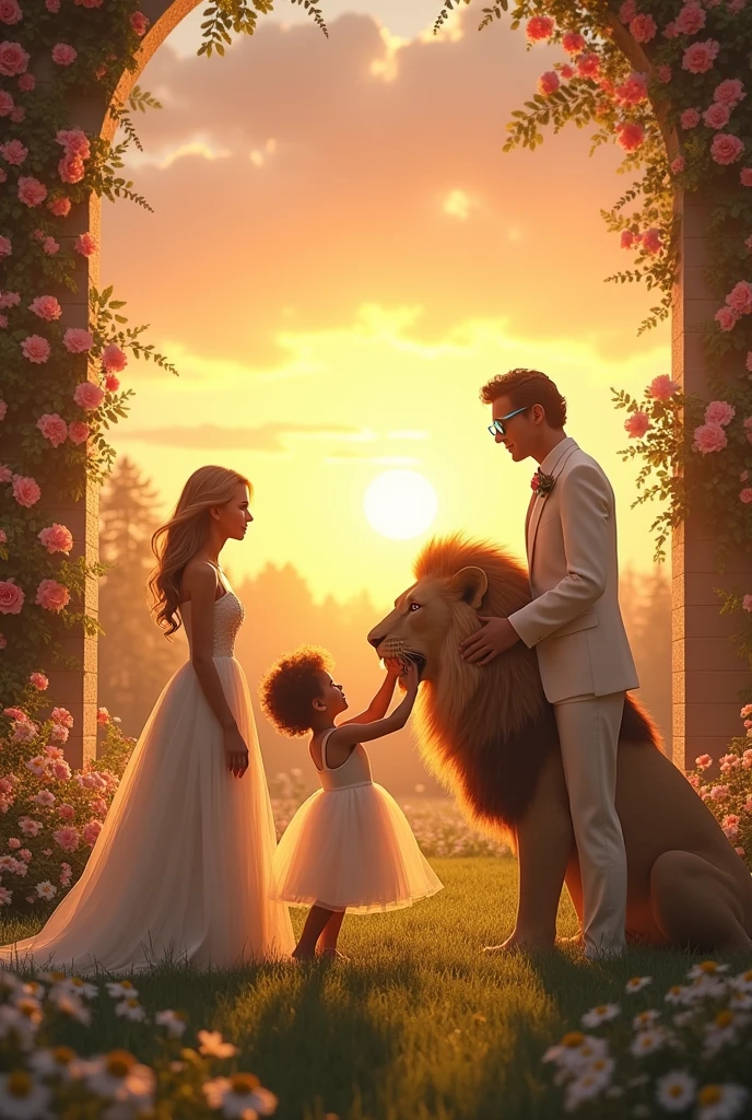 Wonderful shining sunset, with beautiful flowers in a vast and splendid Garden.
03 people in this image.
little white, curly black hair longo, white gown brincando com um Leão.
tall white woman, Long curly blonde hair, white gown.
tall white man, curly black hair, transparent blue glasses, white outfit.
Beautiful plaque written: Happy Saturday.