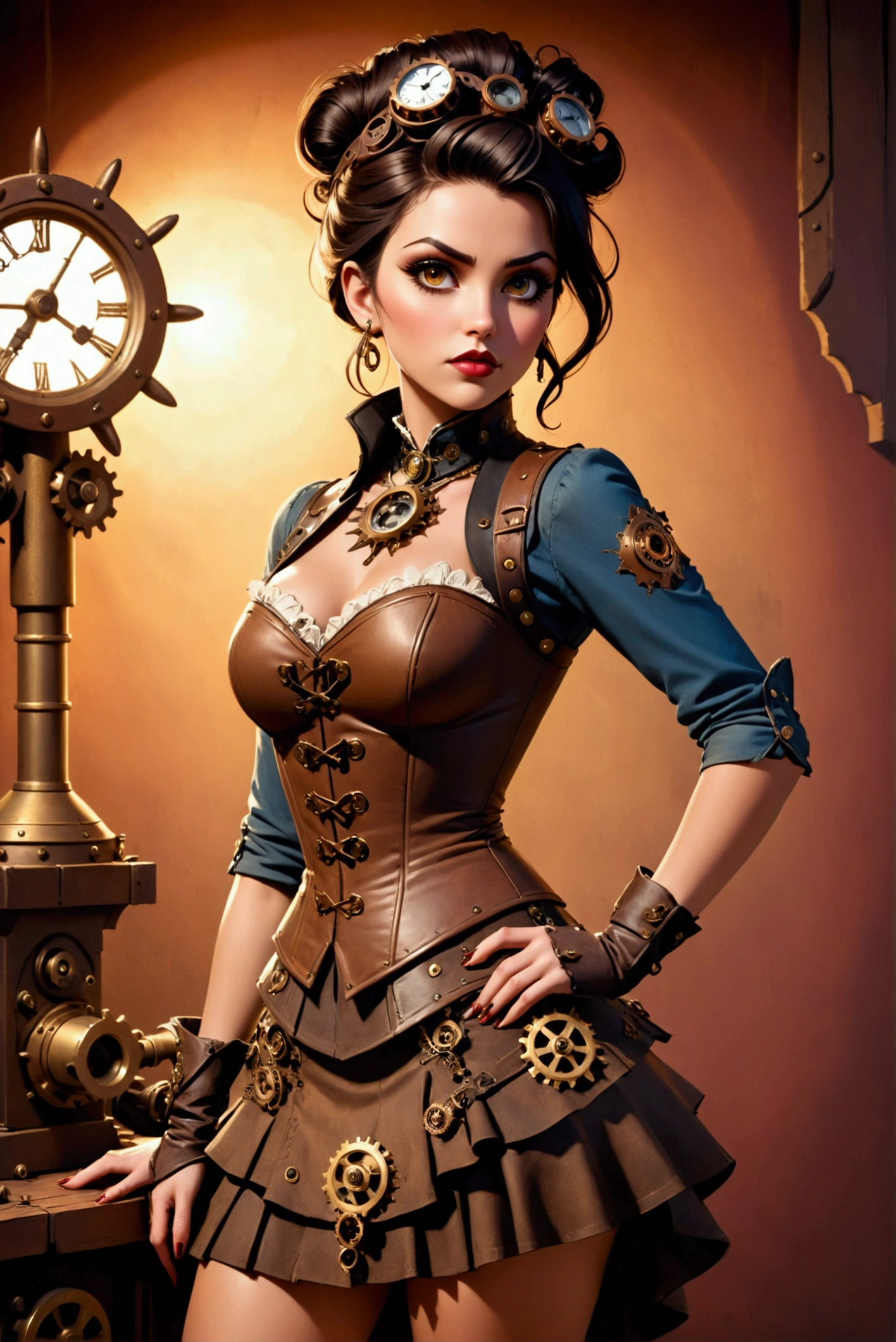 detailed steampunk saloon woman, beautiful detailed eyes, beautiful detailed lips, extremely detailed face, long eyelashes, intricate steampunk outfit, gears, cogs, brass, leather, corset, high heels, tattered skirt, rugged western backdrop, dusty, golden hour lighting, dramatic shadows, warm color palette, cinematic, photorealistic