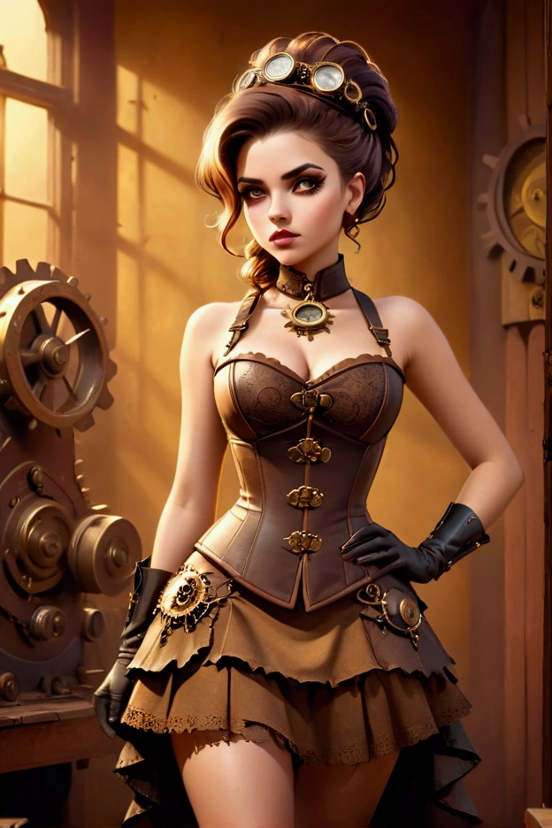 detailed steampunk saloon woman, beautiful detailed eyes, beautiful detailed lips, extremely detailed face, long eyelashes, intricate steampunk outfit, gears, cogs, brass, leather, corset, high heels, tattered skirt, rugged western backdrop, dusty, golden hour lighting, dramatic shadows, warm color palette, cinematic, photorealistic