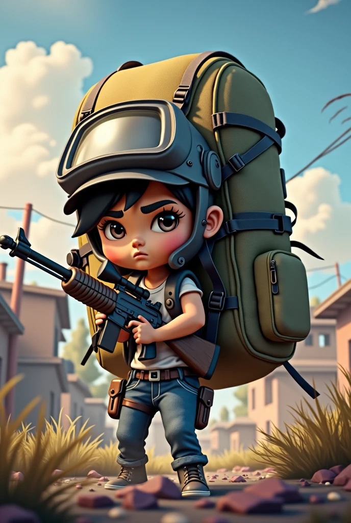 A PUBG character with a rifle in his hand carrying a large backpack, since this backpack looks a lot like another player being carried on the back. The image is from the mobile version (more childish)