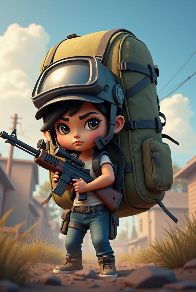 A PUBG character with a rifle in his hand carrying a large backpack, since this backpack looks a lot like another player being carried on the back. The image is from the mobile version (more childish)