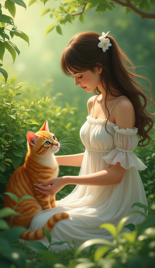 Lilly a with open hair wwaring white dresshelping out a ornge cat in the bushes